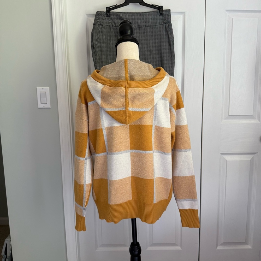 RACHEL Rachel Roy Mustard‎ Yellow Plaid Hooded Knit Sweater Size M Cottagecore - Picture 4 of 8